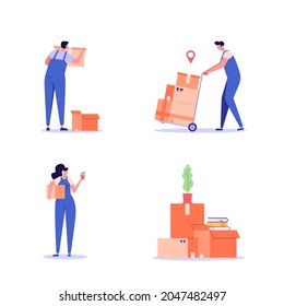 Moving service set in new house or apartment. Delivery workers with cardboard boxes for home stuff. Movers moving in new home. We’re moving concept. Vector illustration for Web Design