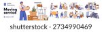 Moving service set. Professional workers team helping with relocation. Packing stuff, carrying boxes, loading and unloading furniture in truck. Flat vector illustration isolated on white background