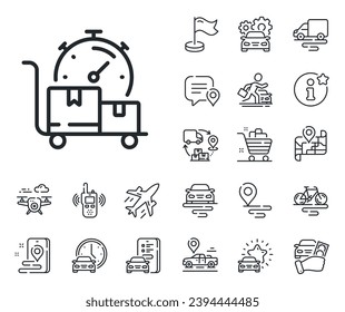 Moving service sign. Plane, supply chain and place location outline icons. Fast delivery line icon. Things transportation symbol. Fast delivery line sign. Taxi transport, rent a bike icon. Vector