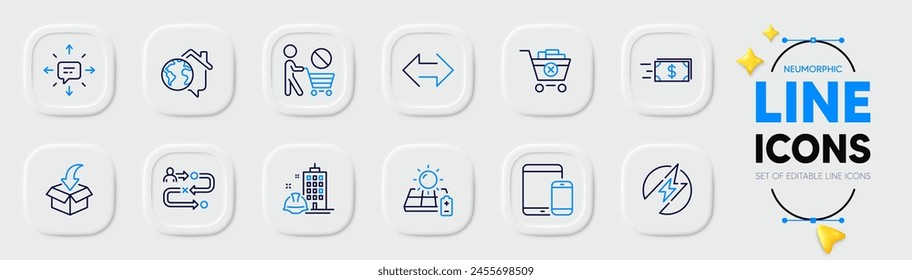 Iconos de línea de servicio de mudanza, Sms y Trayectoria para App de Web. Paquete de transferencia de dinero, Stop shopping, iconos de pictogramas de energía eléctrica. Quitar las señales de compra, sincronización, trabajo y casa. Panel solar. Vector