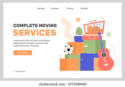 Moving service. Stacks of cardboard boxes, ball, guitar, a cat carrier and houseplants. Landing page design concept. Vector flat illustration.