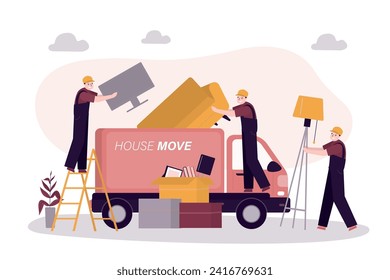 Servicio móvil. Equipo de mudanzas cargando cajas de cartón en camión. Reubicación de la casa. Trabajadores con uniforme llevan muebles. Empresa de entrega profesional, servicio de carga. ilustración vectorial plana