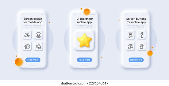Moving service, Text message and Financial app line icons pack. 3d phone mockups with star. Glass smartphone screen. Yoga, Delivery man, Wineglass web icon. Leaf, Wish list pictogram. Vector