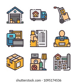 Moving Service thin line icons set. Home Real Estate sign. Change location vector pictogram. Check Property symbol. Delivery. Button for web, mobile app, promo, UI/UX user interface. Editable stroke.