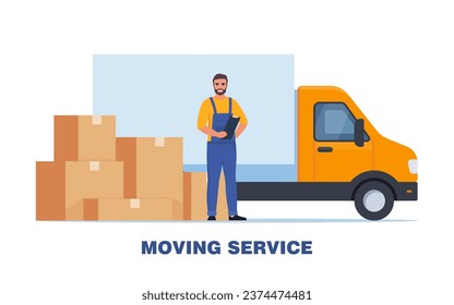 Moving service. Transportation services of things. Moving of items to destination. Man in uniform, cardboard boxes and truck container. Advertising banner for delivery service. Vector illustration