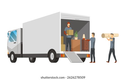 Moving service truck. Delivery loader unload furniture and box cargo truck. Unloading van on new home address, supplies logistic transportation. Cartoon vector illustration