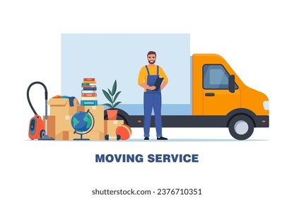 Servicio móvil. Camión y artículos domésticos. Mudándose a una casa nueva. Hombre de servicio con uniforme. Transporte de paquetes. Cosas, ropa, muebles. Ilustración del vector