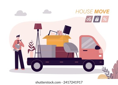 Moving service. Truck and household items. Moving to new house. Service man or manager controlling package transportation. Things, clothes, furniture on lorry. Relocation concept. Vector illustration