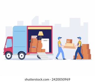 Moving service truck with loading cardboard boxes into the truck House relocation vector illustration.