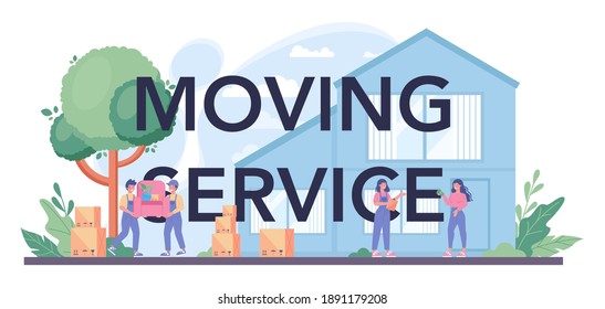 Moving service typographic header. Worker in uniform carrying boxes. Delivery man holding box. Cargo transportation, loader man. Isolated flat illustration vector