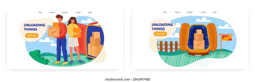 Moving service vector concept illustration. Family relocate and move to another house. Open delivery truck with cardboard packages. Unloading boxes. Web site design template