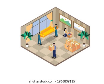 Moving service vector concept. Two male workers carrying a sofa while helping young couple to moving to a new house