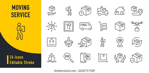 Moving Service web icons in line style. Courier, office move, packing, loaders, collection. Vector illustration.