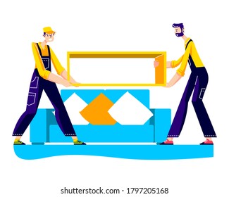 Moving service workers carry furniture for new apartment. Furniture assembly service helping with installation and delivery. Cartoon handymen working. Vector illustration