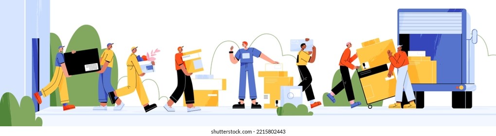 Moving service workers help at home relocation. Loaders, movers team loading cardboard boxes and appliances into truck. Delivery company employees in uniform, Line art flat vector illustration