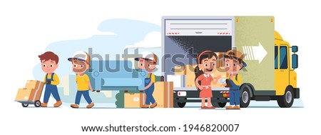 Moving service workers unloading truck. Movers carrying sofa, furniture, package boxes. Foreman holding clipboard talking to happy client. Delivery transportation. Flat vector character illustration 