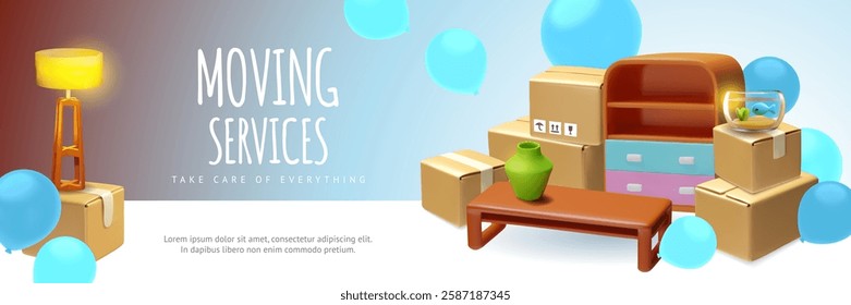 Moving services 3D landing page, banner vector design. Cardboard boxes stack, table, lamp, vase and aquarium with balloons. Take care of everything. Cartoon delivery cargo, furniture transportation