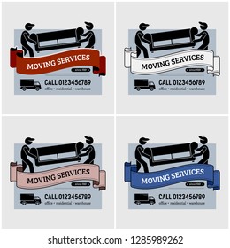 Moving Services Company Logo Design. Vector Artwork Of Mover Workers Carrying A Sofa Or Couch For Relocation. Using Lorry Or Truck As The Mode Of Transportation. 