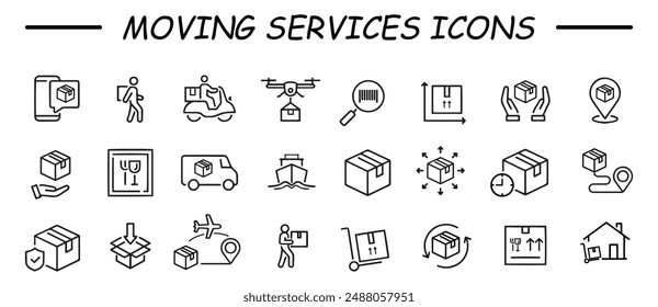 Moving services line icons set. Moving service outline icons collection. Includes courier, shipping, home shifting, fast delivery, loading and more.
