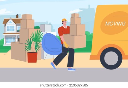 Umzugsdienste. Dienstleistungen für Umzüge von zu Hause aus. Ein Mann trägt eine Schachtel zum Lastwagen, um Gepäck zu transportieren. Boxen mit Sachen und Möbeln für den Transport. Flache Vektorgrafik. EPS10