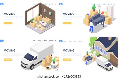 Moving set of banners. The concept of a loading page for a moving service company. Flat vector isometric illustration.