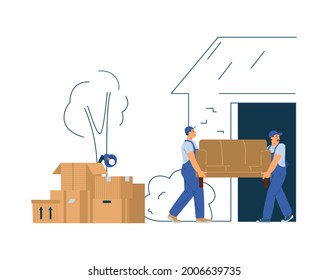 Moving or shipping service loaders at work, flat vector illustration isolated on white background. Professional house moving or delivery company workers.