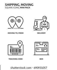 Moving, shipping, square mini icon set. The illustrations are a vector, editable stroke, thirty-two by thirty-two matrix grid, pixel perfect files. Crafted with precision and eye for quality.