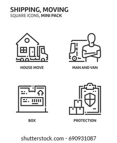 Moving, shipping, square mini icon set. The illustrations are a vector, editable stroke, thirty-two by thirty-two matrix grid, pixel perfect files. Crafted with precision and eye for quality.