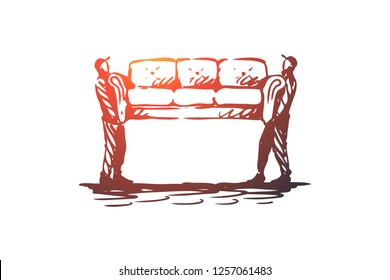 Moving, sofa, furniture, delivery, transportation concept. Hand drawn two persons moving sofa concept sketch. Isolated vector illustration.