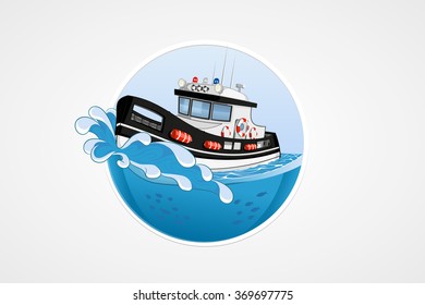 Moving speed police boat. Deep sea with wave. Round vector computer icons for applications or games. Logo template. Handdrawn Illustration