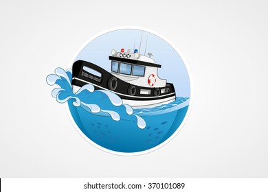 Moving speed police boat. Deep sea with wave. Round vector computer icons for applications or games. Logo template. Handdrawn Illustration