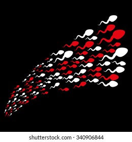 Moving Spermatozoid Stream vector illustration. Style is red and white bicolor flat objects, black background.