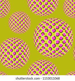 Moving spheres with fluctuating pink polygons. Optical illusion of the movement. Seamless abstract 3d effect background. Style op art. Can be used as pattern for textile, packing and more.