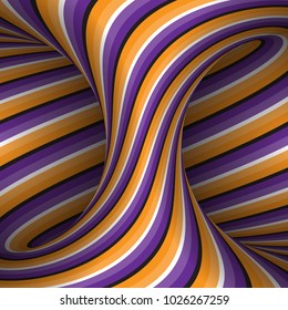 Moving spiral patterned hyperboloid of orange purple stripes. Vector optical illusion illustration.