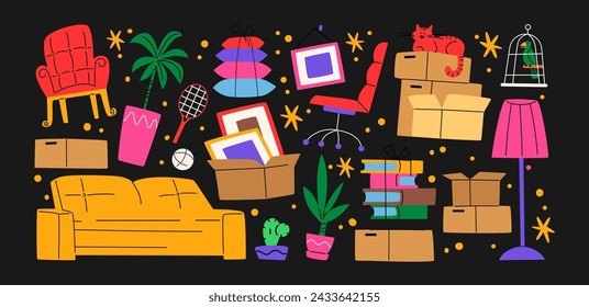 Moving stickers, cardboard boxes with things at home in cartoon retro style. Set of illustrations of moving, transporting things to a new home. Groovy stickers in vector hand drawn