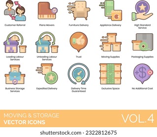 Moving and Storage Icons including Appliance Delivery, Background-Checked Employees, Business Cleaning, Business Storage Services, Change Of Address, Custom Moving Experience