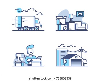 Moving And Storage In Warehouse. Line Of Icons Set Concept, Vector Illustration