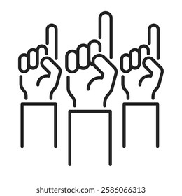 moving up success leadership business strategy clip art icon symbol, number one finger sign, positive emotion, three hands with index finger pointing up, isolated linear vector illustration