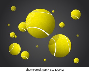 Moving Tennis Balls flying, falling isolated on dark background.