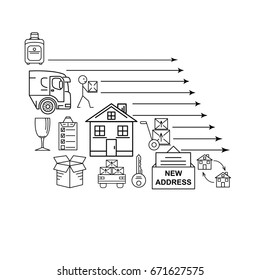 Moving. Thin line art icons. Flat style illustrations isolated. Line art icon info graphic set