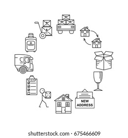 Moving. Thin line art icons. Flat style illustrations isolated. Line art icon info graphic set