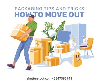 moving things, a man carrying paper boxes on the background of things in an apartment. The concept of a professional house move. Vector flat illustration