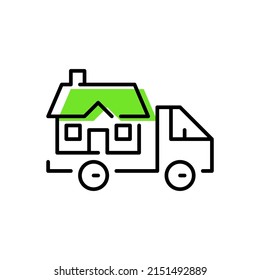 Moviendo una pequeña casa verde por ahí. Vida móvil nómada sustentable. Icono de línea de dibujo de píxeles perfecto, modificable