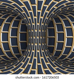 Moving torus of blue beige brickwork pattern. Vector hypnotic optical illusion illustration.