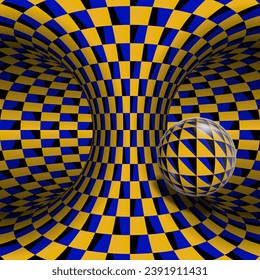 Moving torus of checkered pattern and sphere. Vector optical illusion with kinetic visual effect.