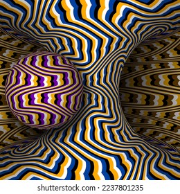Moving torus of colorful sinuous striped pattern with sphere. Vector hypnotic optical illusion illustration.