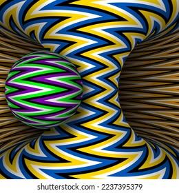 Moving torus of colorful zigzag striped pattern with sphere. Vector hypnotic optical illusion illustration.