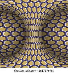 Moving torus of purple beige hexagonal pattern. Vector hypnotic optical illusion illustration.