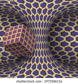 Moving torus of purple beige hexagonal pattern with rotating square cube. Vector hypnotic optical illusion illustration.