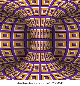 Moving torus of purple orange square pattern. Vector hypnotic optical illusion illustration.